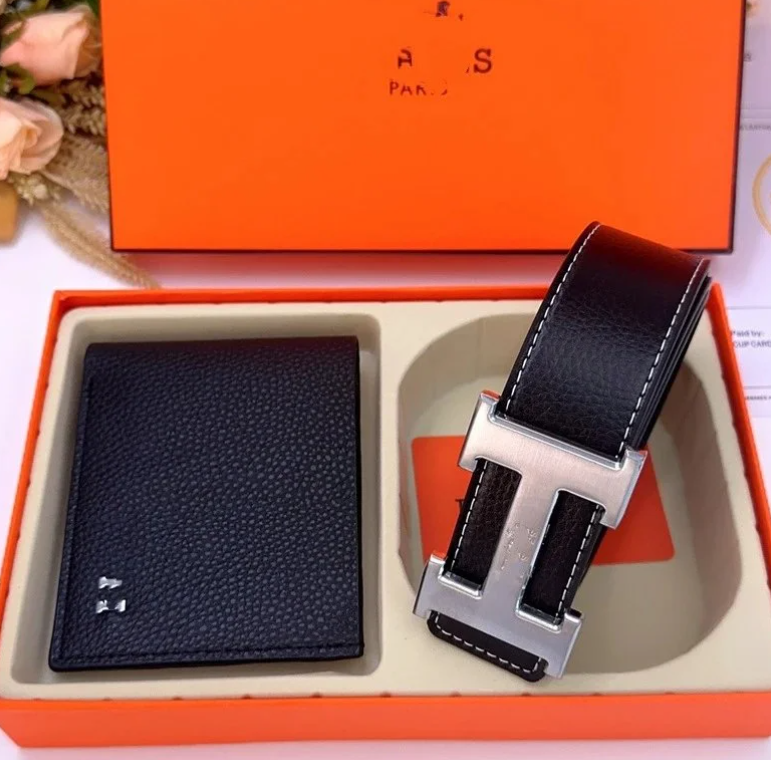 Hermes H Series Black Leather Belt Wallet Set